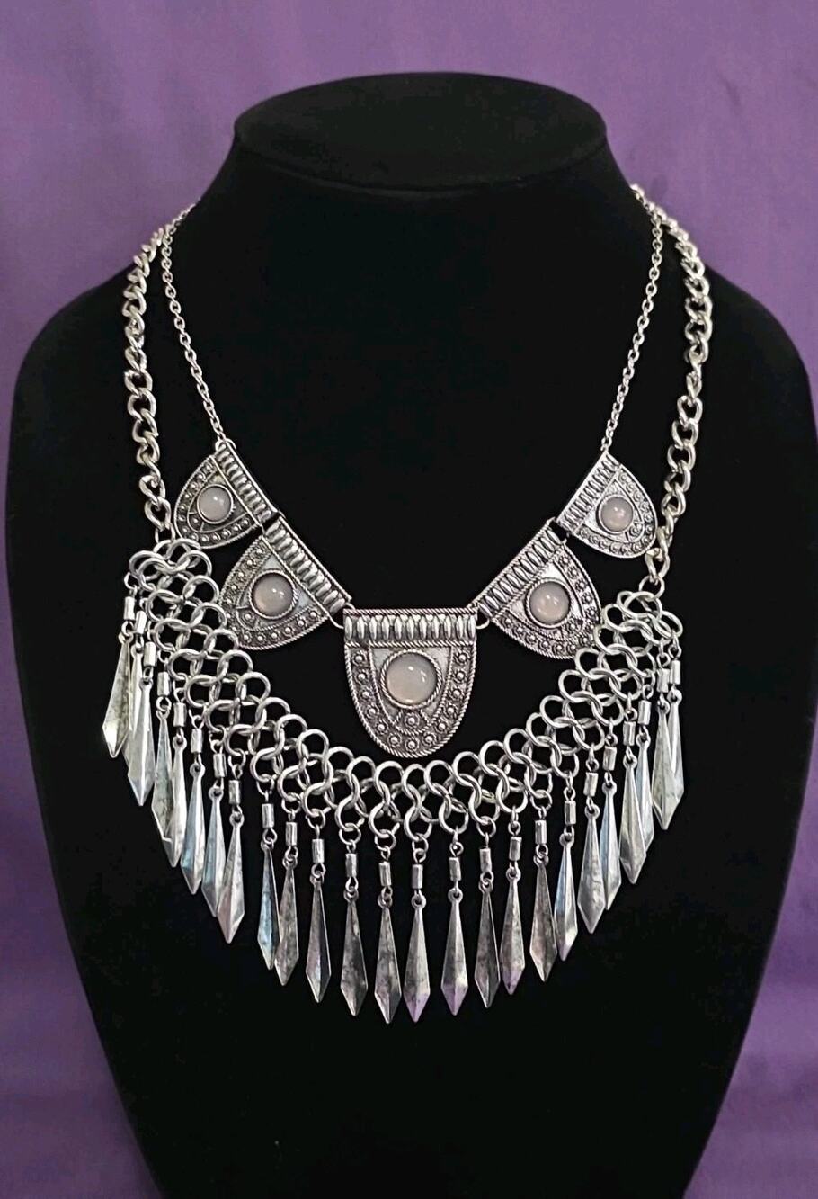 Set Of Two Boho Statement Necklaces In Silver Tone Metal Panel Fringe Distressed